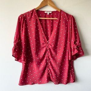 Madewell Red Blouse Top with White Polka Dots Button Up Ruffle Sleeve Size 14